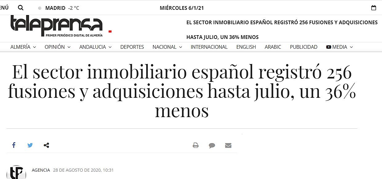 El sector inmobiliario espaol registr 256 fusiones y adquisiciones hasta julio, un 36% menos
